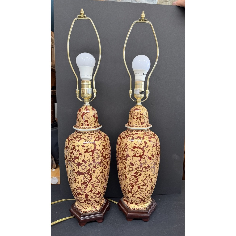 Burgundy & Gold Chinoiserie Ginger Jar Table Lamps Pair Asian Porcelain‎ RARE